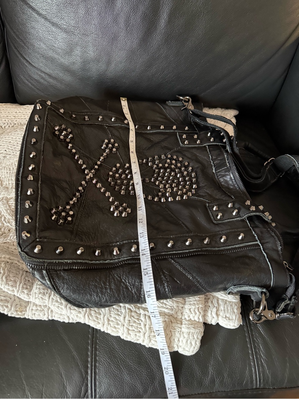Studded Black Leather Tote Bag with Skull Accent - Picture 8 of 9